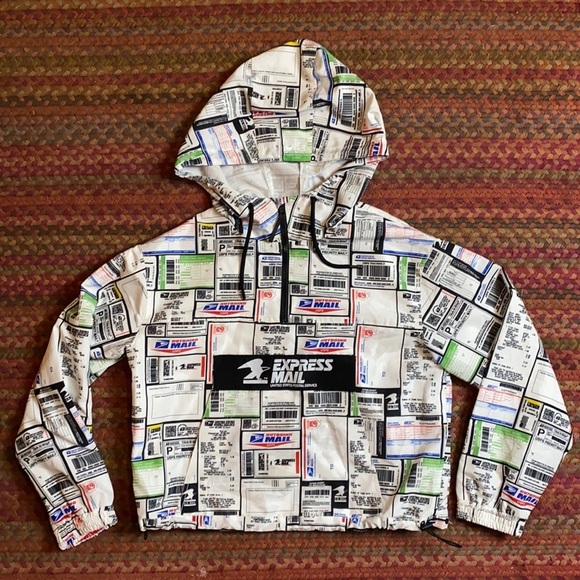 FOREVER 21 USPS COLLAB POST OFFICE RECEIPT WINDBREAKER JACKET HOODED - Picture 1 of 4